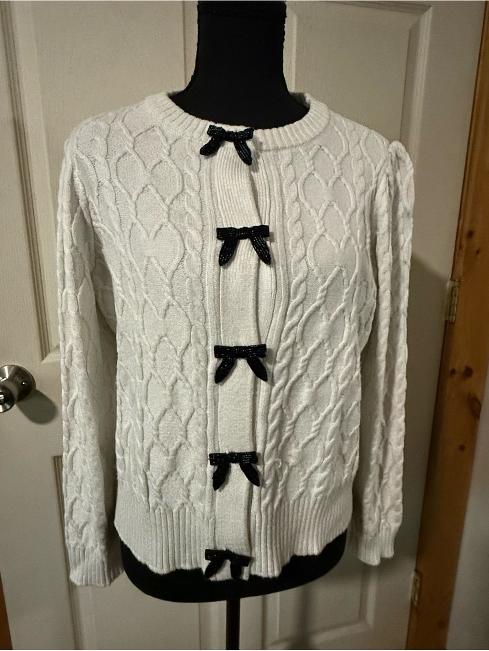 Marled Cream Cable-Knit Sweater Cardigan with Black Bow Details, Size M